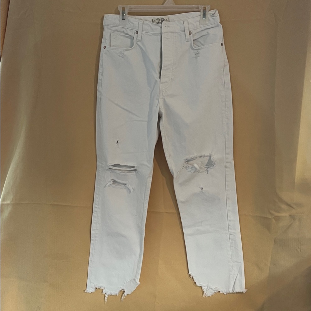 Free People Distressed Straight Leg Jeans in Light Cream